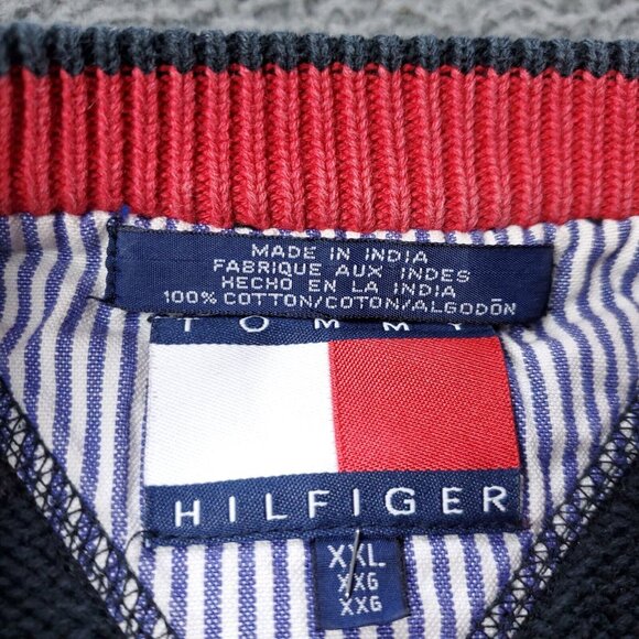 VINTAGE 90s Tommy Hilfiger Sweater Mens 2XL XXL Black Thick  Heavy y2K Crewneck - Picture 3 of 9